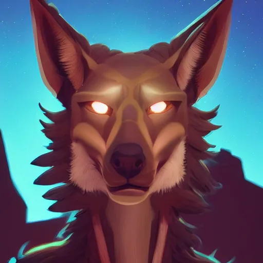 Prompt: portrait of anubis, an antropomorphic creature with coyote face, dark hair, mattepainting concept blizzard pixar maya engine on cold night stylized background splash comics global illumination lighting artstation lois van baarle, ilya kuvshinov, rossdraws