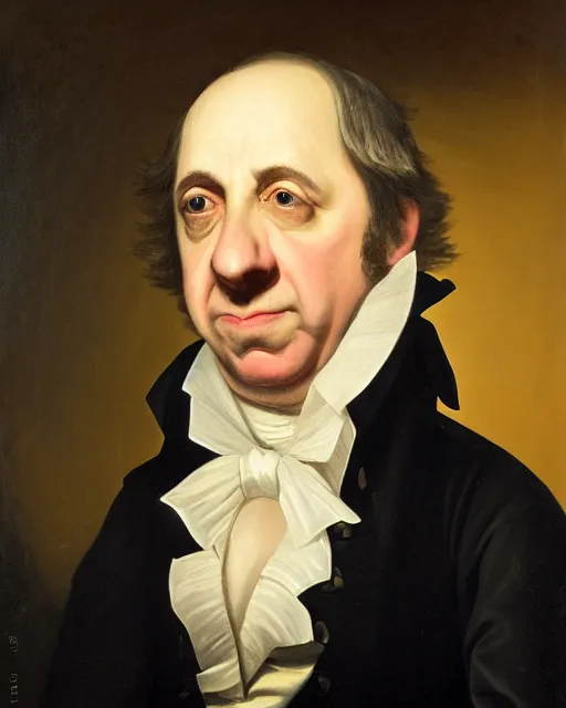 Prompt: facial portrait of paul giamatti as president john tyler, a character portrait by charles willson peale, reddit contest winner, american romanticism, oil on canvas painting, creative commons attribution, detailed painting