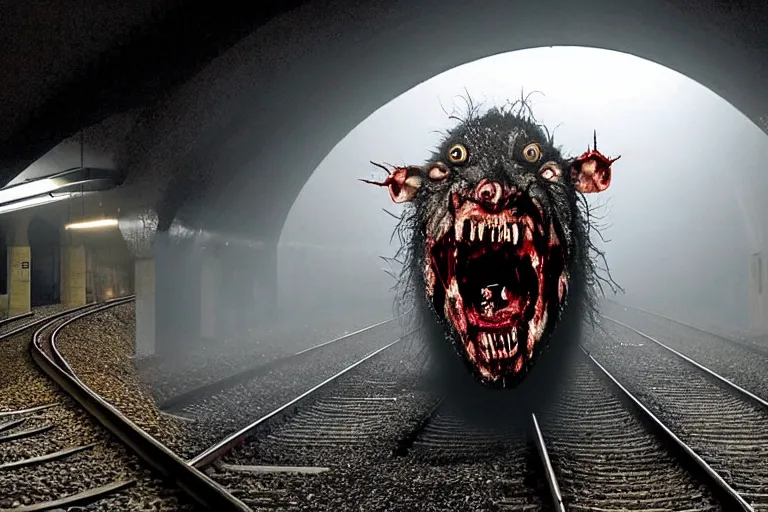 Prompt: very large giant mutant zombie irradiated ( angry rat ) staying on railways in tonnel of moscow subway. tonnel, railways, giant angry rat, furr, fangs, claws, very realistic. fog, extreme long shot, herman nitsch, giger, anish kapoor.