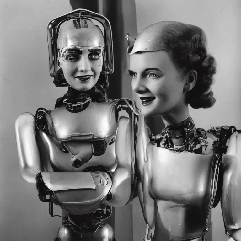 Image similar to 1950s future prediction of an artificially intelligent robot fashion model with stunning eyes smiling at the camera, award winning portrait photo by Annie Leibovitz, super detailed sigma 1.8 55mm boekin