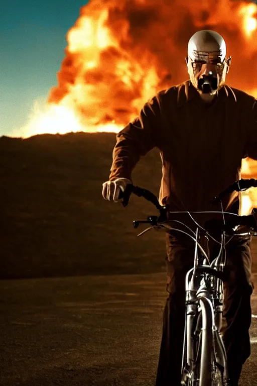 Image similar to photo of walter white riding a bike with an exploding building behind him, color, cinematic lighting