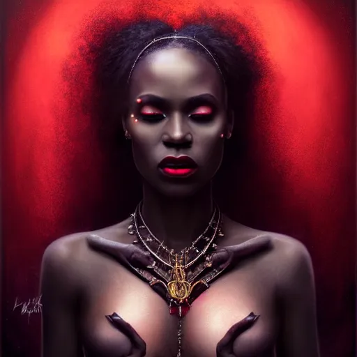 Prompt: Portrait of a riveting African vampire woman!, atmospheric lighting, gothic makeup, intricate, Transylvanian castle, volumetric lighting, beautiful, starlit sky, sharp focus, ultra-detailed, by Tom Bagshaw Leesha Hannigan, Ross Tran, Thierry Doizon, Kai Carpenter, Ignacio Fernández Ríos