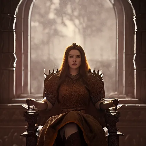 Image similar to the elder scrolls vi, charismatic regal brunette female jarl, portrait, throne room, atmospheric lighting, painted, intricate, volumetric lighting, beautiful, daytime, sunny weather, slight overcast, sharp focus, deep colours, ultra detailed, by leesha hannigan, ross tran, thierry doizon, kai carpenter, ignacio fernandez rios