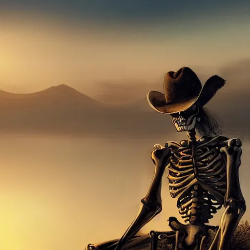 Image similar to a wounded skeleton cowboy watching a sunset, concept art, DeviantArt, art station, illustration, highly detailed, artwork, cinematic, hyper realistic