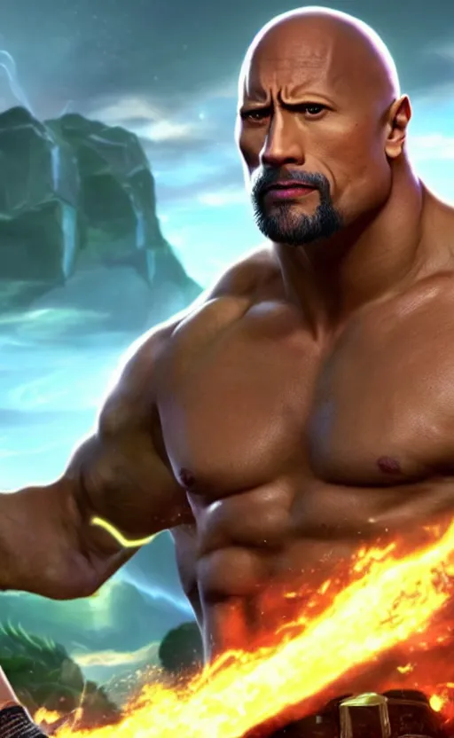 Image similar to Dwayne Johnson as a character in the game League of Legends, with a background based on the game League of Legends, detailed face, old 3d graphics