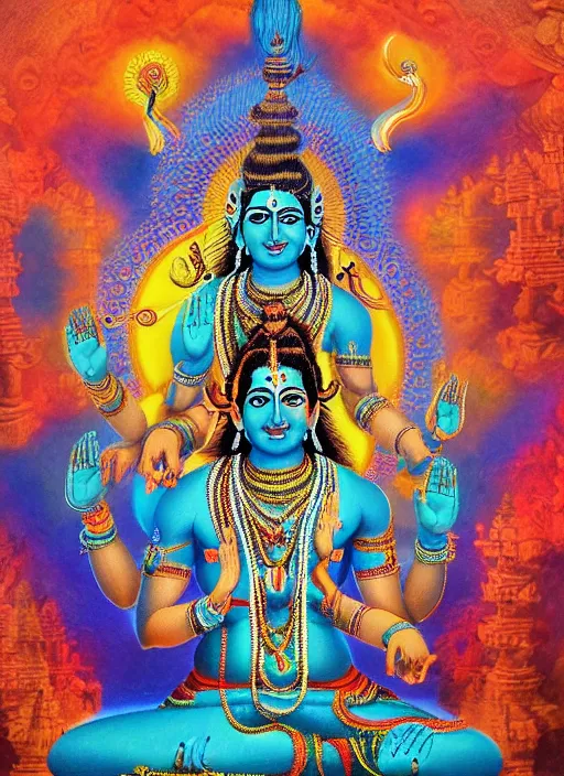 Image similar to digital visionary painting, hindu art, masterpiece, lord shiva creates the world with his primordial om, realistic, highly detailed, post produced, realistic, octane render, glowing colors