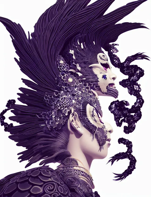 Image similar to 3 d goddess close - up profile simple portrait punk with mohawk with ram skull. beautiful intricately detailed japanese crow kitsune mask and clasical japanese kimono. betta fish, jellyfish phoenix, bio luminescent, plasma, ice, water, wind, creature, artwork by tooth wu and wlop and beeple and greg rutkowski