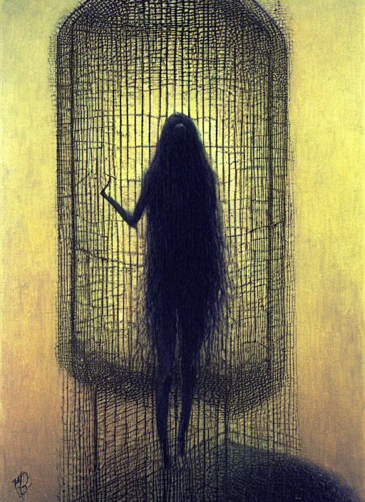 Prompt: girl with long hairs inside cage by Beksinski