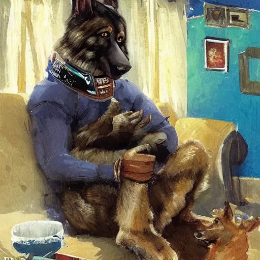 Image similar to a humanoid german shepherd beast - man, sitting and watching a soccer match in his house on television, he has hurt his knee and is a dad, by erin hanson, alexi zaitsev, karl spitzweg, award winning, tv set