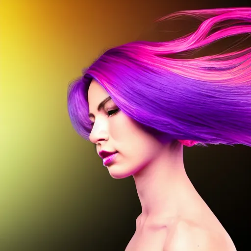 Image similar to a award winning action upper body portrait of a beautiful woman with a ombre purple pink hairstyle with head in motion and hair flying, outrun, vaporware, highly detailed, fine detail, intricate