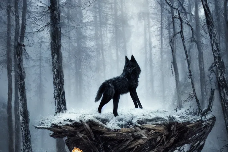 Prompt: a black wolf, standing on top of a fallen tree, winter forest, fantasy, greg rutkowski, cinematic, extremely detailed, dramatic lighting