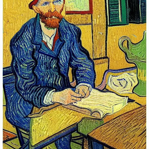 Image similar to vincent van gogh!!!! with a iphone in his hand, illustrated by vincent van gogh, 4 k, 8 k, photorealistic imagery