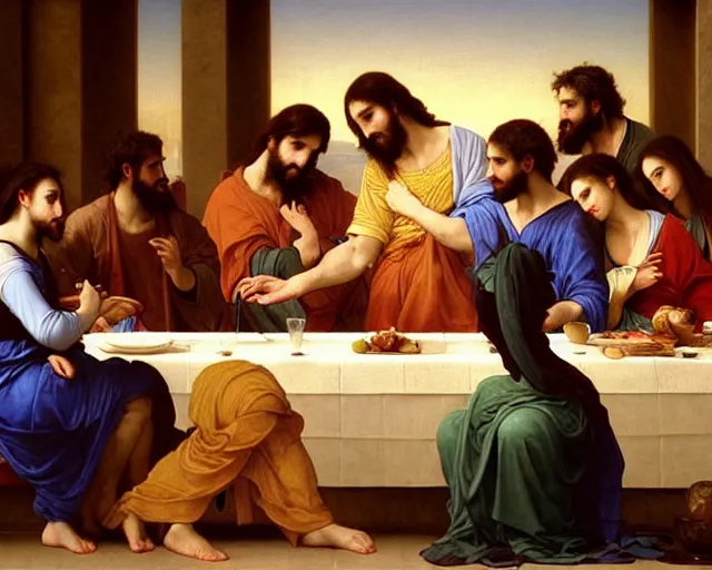 Prompt: beautiful glorious realistic oil painting of the last supper, baroque style by bouguereau, sunset, highly detailed and photorealistic, 8 k intricate