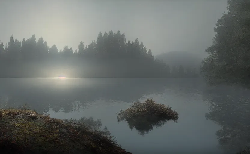 Prompt: a strange lake directed by charlie kaufman ( 2 0 0 1 ) anamorphic lenses, foggy volumetric light morning, cinematic trending on artstation in the style of greg rutkowski