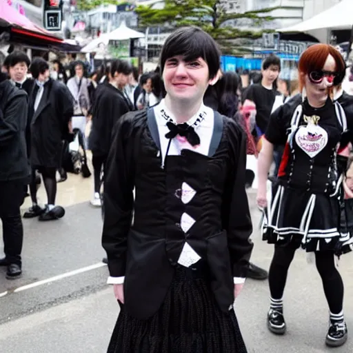 Prompt: cute looking martin shkreli wearing gothic lolita dress photographed at harajuku tokyo street fashion event,