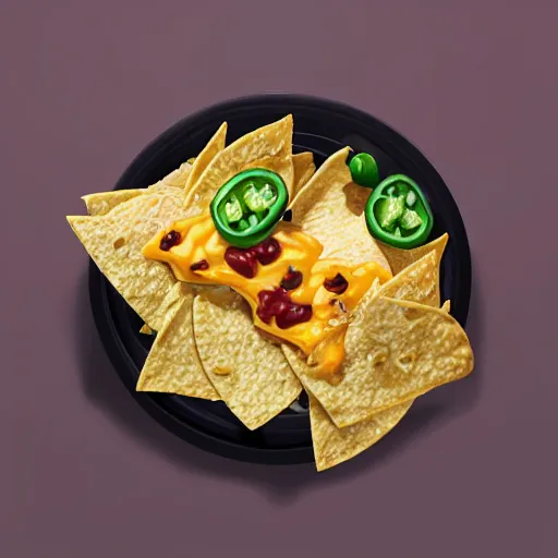 Image similar to ultra realistic illustration, isolated nachos with cheese and jalapeno, blank white background, highly detailed, digital painting, concept art, smooth, sharp