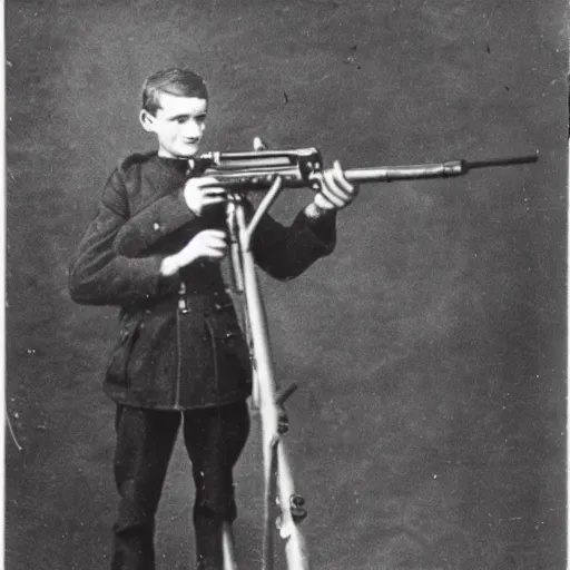 Image similar to old wartime photograph of vitalik buterin holding a lewis gun, 1 9 1 7