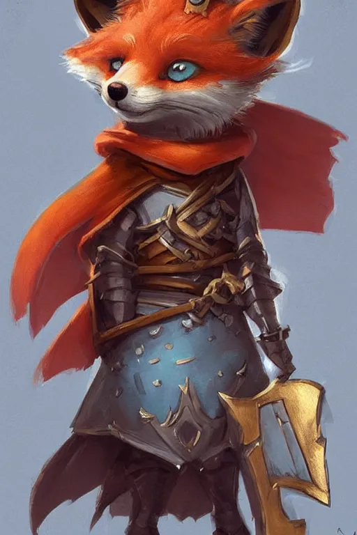 Image similar to cute little anthropomorphic foxy knight wearing a cape and a crown, tiny, small, miniature fox, baby animal, short, pale blue armor, cute and adorable, pretty, beautiful, DnD character art portrait, matte fantasy painting, DeviantArt Artstation, by Jason Felix by Steve Argyle by Tyler Jacobson by Peter Mohrbacher, cinematic lighting