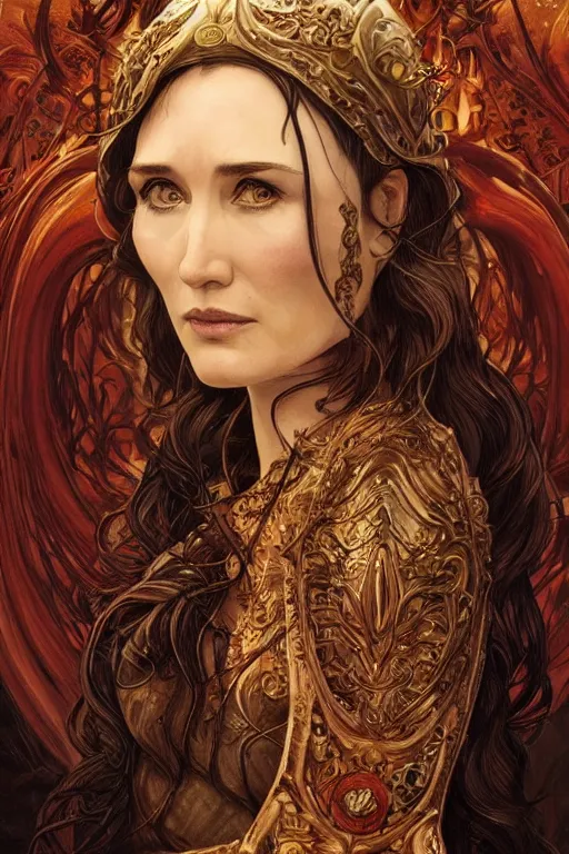 Prompt: carice van houten as a fire priest, cute, fantasy, intricate, elegant, highly detailed, digital painting, 4 k, hdr, concept art, smooth, sharp focus, illustration, art by artgerm and h r giger and alphonse mucha