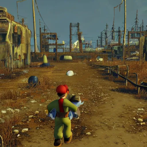 Image similar to mushroom kingdom from the super mario franchise in ruins post - nuclear war in fallout 4, in game screenshot