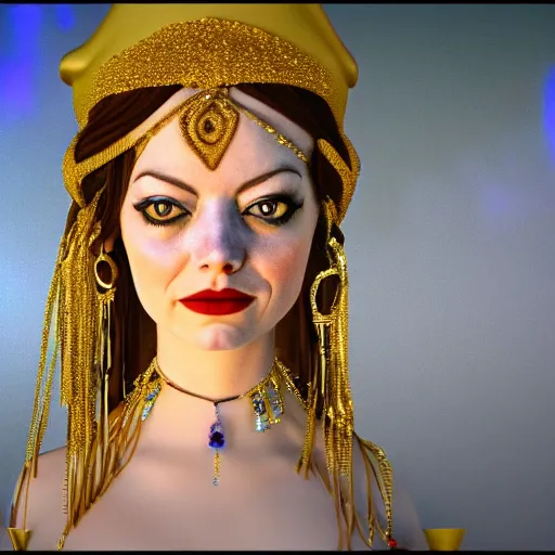 Prompt: a photorealistic portrait of actress emma stone dressed as a belly dancer, arabian night, volumetric lightening, octane render, high quality, fully detailed, 4 k, in focus sharp face with fine details, her hands by albrecht durer, inspired by belly dancer on youtube, alphonse mucha, masterpiece, stunning