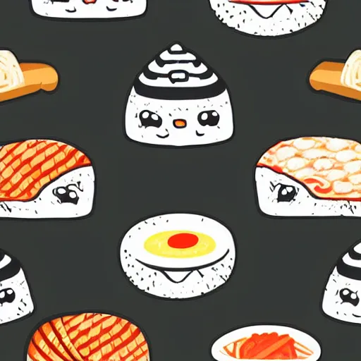 Image similar to japanese food print pattern of onigiri, sushi, and ramen. cute illustration. hand drawn. digital art.