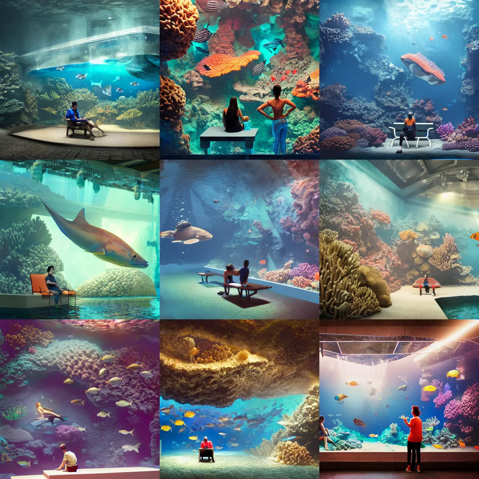 Prompt: giant sea aquarium in a museum corals fish, and diver, person sitting on bench in front of the aquarium, fantasy, volumetric lighting, rendered, 8 k, artstation, by taras susak, jeehyung lee, artgerm and tran nguyen