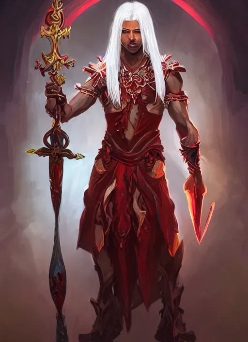 Image similar to a highly detailed illustration of white haired african priest, wearing cross on robe, wielding red blades made of blood, evil standing smiling pose, muscular, intricate, elegant, highly detailed, centered, digital painting, artstation, concept art, smooth, sharp focus, league of legends concept art, WLOP