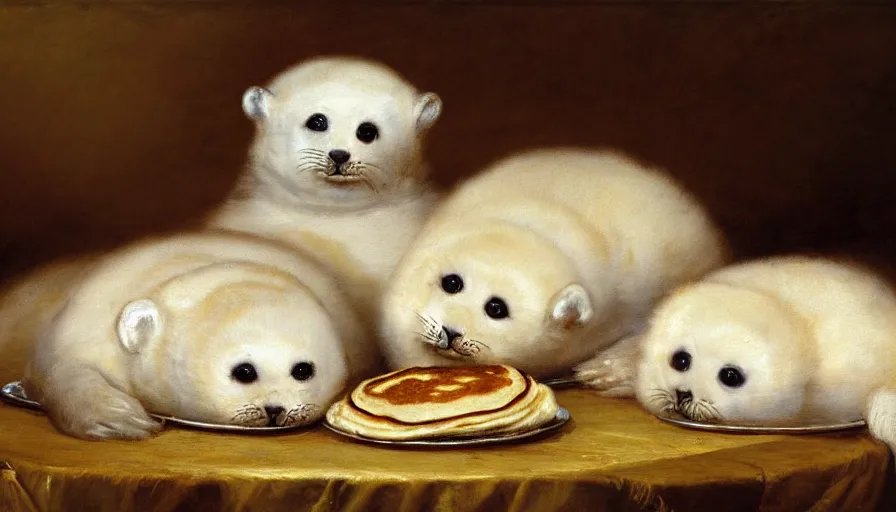 Image similar to highly detailed painting of cute furry white baby seals in a pile of pancakes on a table by william turner, by greg rutkowski, by william constable, thick brush strokes and visible paint layers, 4 k resolution