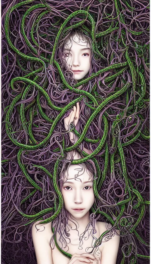 Prompt: very detailed portrait of a 2 0 years old girl surrounded by tentacles, the youg woman visage is blooming from fractal and vines, by yoshitaka amano,