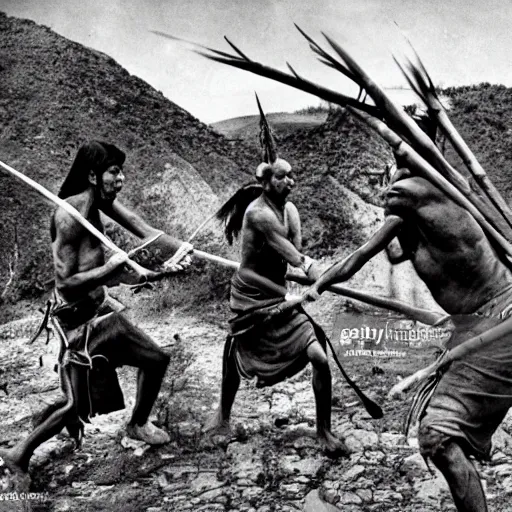 Prompt: war of natives with spears and rocks, realistic photo, nationnal geographic