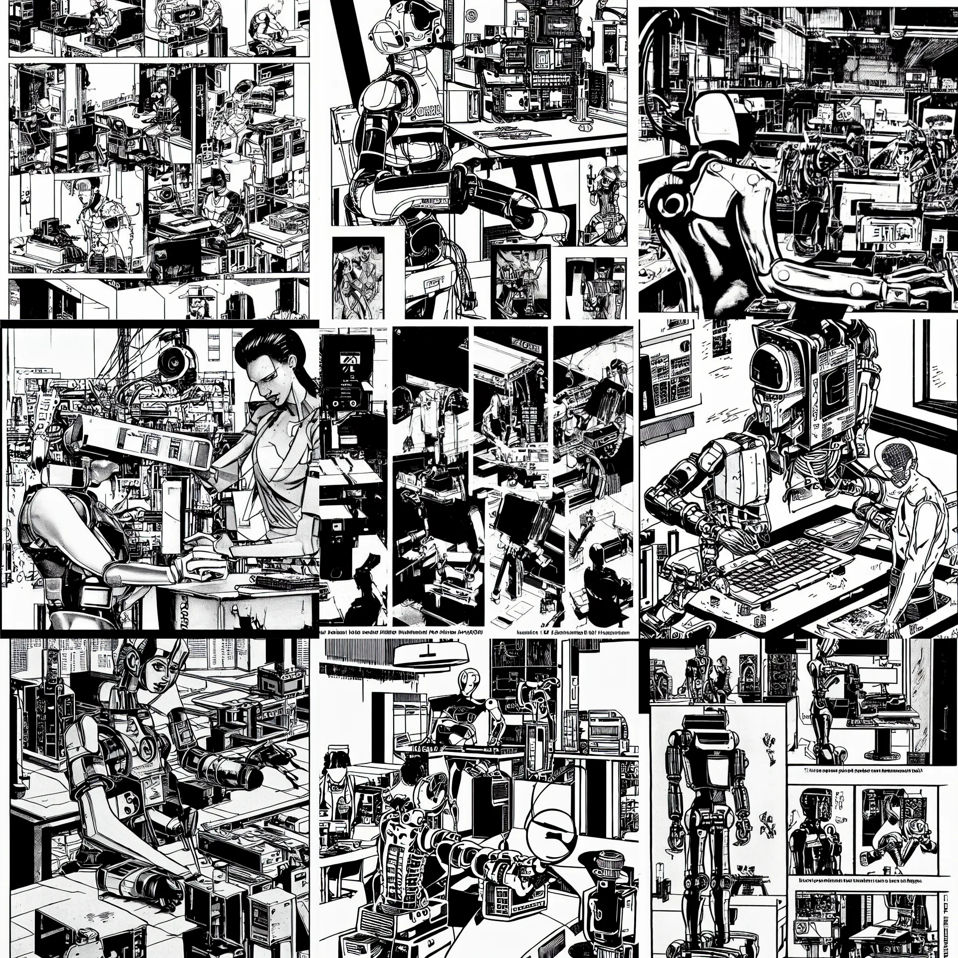 Prompt: industrial humanoid robot building computers, a page from cyberpunk 2 0 2 0, style of paolo parente, style of mike jackson, 1 9 9 0 s comic book style, white background, ink drawing, black and white