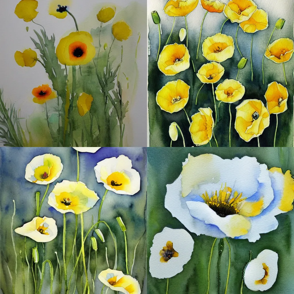 Prompt: white and yellow poppies, watercolor
