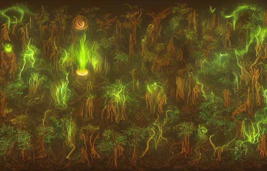 Prompt: shaman, summoning fire / water / light, out of bones / fern / light, green man, misty forest, glowing fungus, cinematic, golden ratio, wavy are the most prompts i used + plenty of variations for building up the details