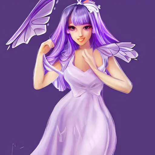 Image similar to very very very beautiful tiny princess in her 20s with fairy wings wearing skintight purple dress, making eye contact, smiling, flirty, perfect body, perfect face, drawn by artgerm