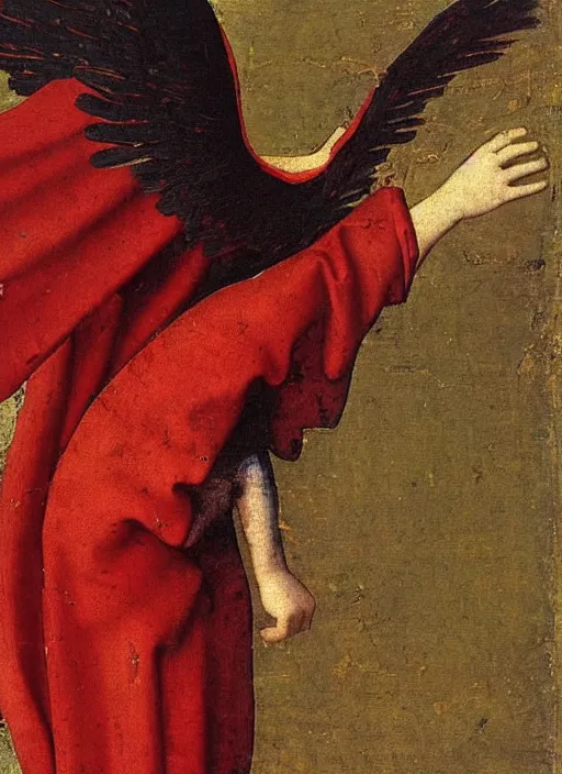 Image similar to Flying Fallen Angel with wings dressed in red, Medieval painting by Jan van Eyck, Johannes Vermeer, Florence