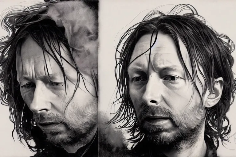 Prompt: hyper realistic portrait of thom yorke singer songwriter ok computer, side, liminal space, by lee bermejo, alphonse mucha and greg rutkowski