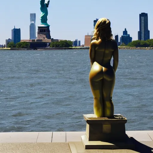 Image similar to a statue of beyoncé on liberty island, new york city in the background