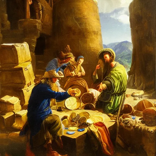 Image similar to merchant discovering gold, oil painting