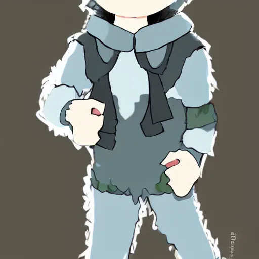 Image similar to boy wearing sheep suit. white, gray, blue, green and brown pallet color. made in abyss art style, inspired in chris from deltarrune