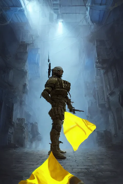 Image similar to a cinematic shot of a special forces unit with ukrainian blue yellow flag and standing ready to fight, masculine figure, d & d, fantasy, bright atmosphere, volumetric lights, intricate, elegant, extremely detailed, digital painting, artstation, concept art, matte, smooth, sharp focus, hyper realistic, illustration, art by artgerm and greg rutkowski and alphonse mucha