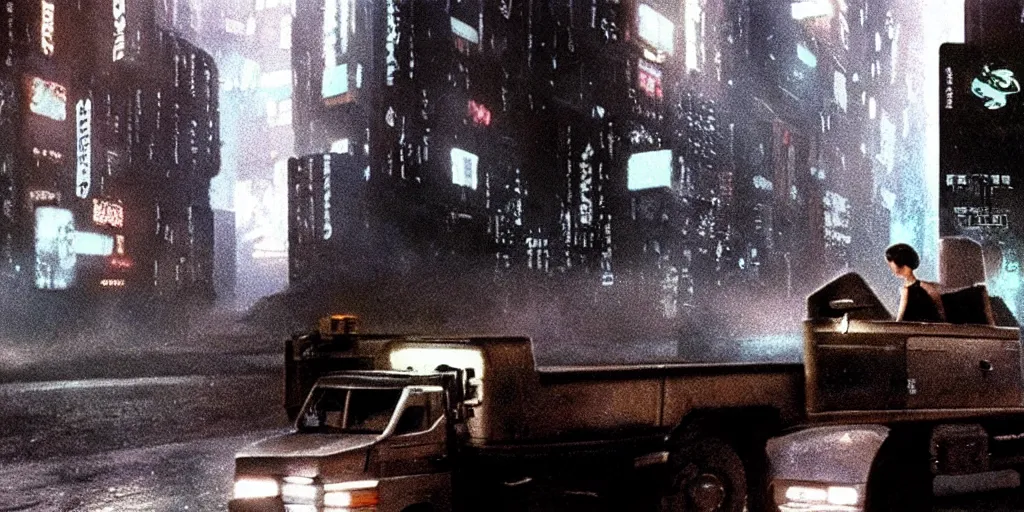 Prompt: at night, a white teenage girl with a pixie haircut in an oversized man's jacket hangs onto back door of a giant truck as it drives towards the factory district : a still from a sci - fi dystopian cyberpunk film by steven spielberg from 1 9 8 0 s, shot on 3 5 mm film by janusz kaminski