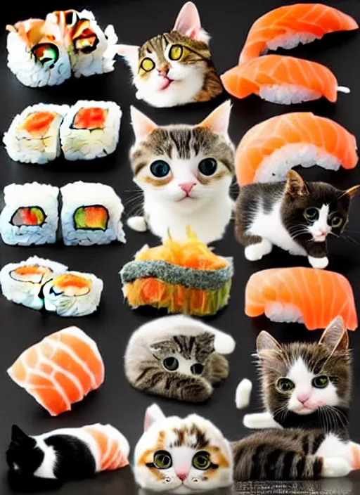 Image similar to clear photorealistic picture of adorable cats made out of sushi