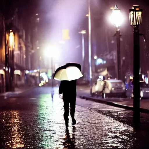 Prompt: Kson Souichou walking down the street at night, raining, street lights shining