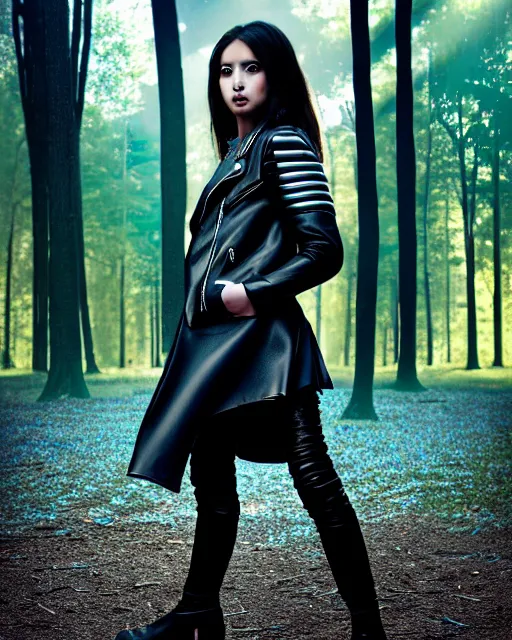 Prompt: hyperrealistic mithra young girl intricate black flat boots and leather jacket in a forest sun behind her concept art eric zener elson peter cinematic blue light low angle hd 8k sharp shallow depth of field