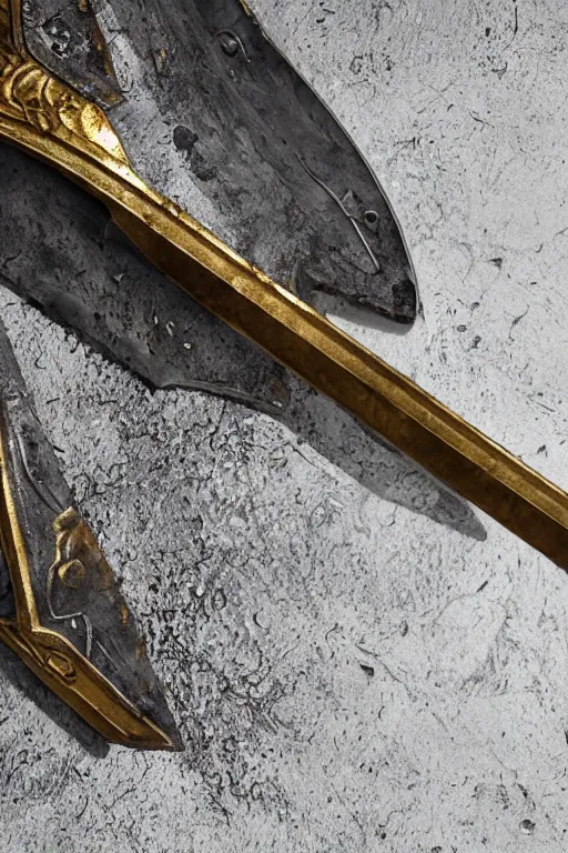 Image similar to photo taken of an epic intricate, ultra detailed, super realistic gritty, longsword weapon hero props, created by weta workshop, zoomed in shots, photorealistic, sharp focus, white wall coloured workshop, cold colour temperture, f 0. 4, face centred, golden ratio, golden hour