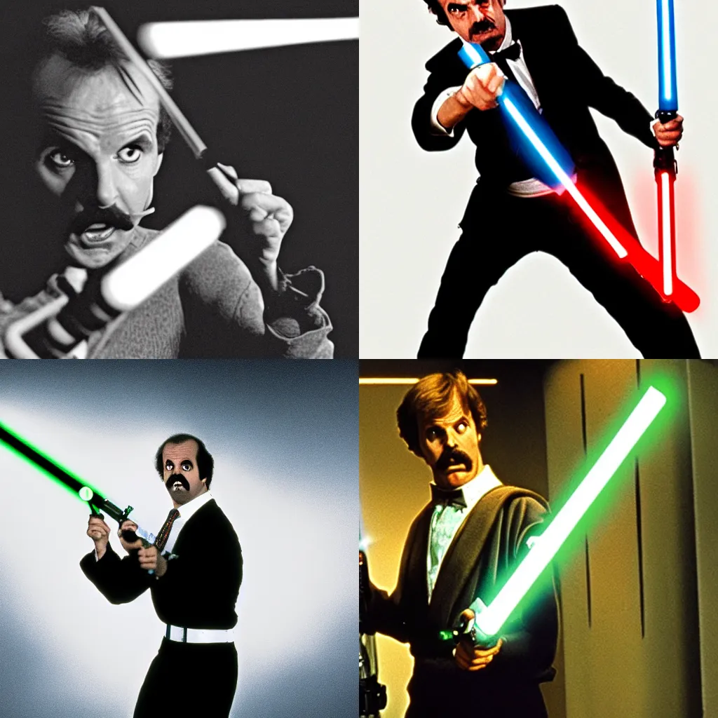 Prompt: basil fawlty having a lightsaber dual with luke skywalker, dramatic lighting, extremely detailed