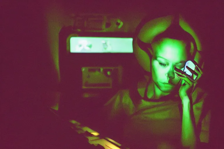 Image similar to alien using a computer to check her email submerged in translucent goo, over the shoulder perspective, in 1 9 8 5, y 2 k cybercore, industrial low - light photography, in the style of tyler mitchell