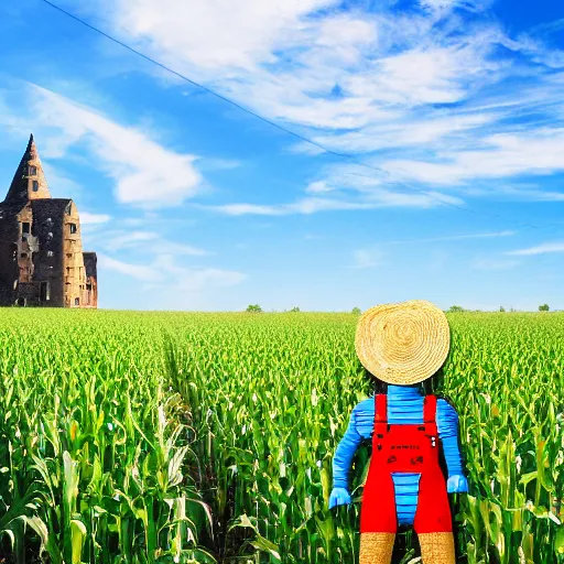 Image similar to a photo of a humanoid robot wearing a straw hat blue overalls in the corn field, photorealistic, 8 k, castle background