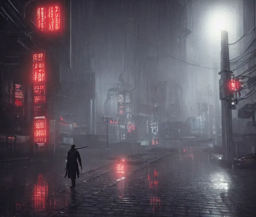 Prompt: 'a samurai in night city cyberpunk thematic , gloomy and foggy atmosphere, octane render, artstation trending, horror scene, highly detailded'